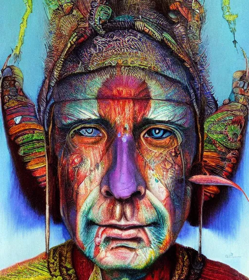 Image similar to Portrait painting in a style of Beksinski mixed with Alex Grey of an old shaman dressed in a colorful traditional clothes.