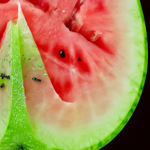 Image similar to extreme close up of a jagged piece of ripe seeded watermelon, dim iridescence, 4K, HD, octane render