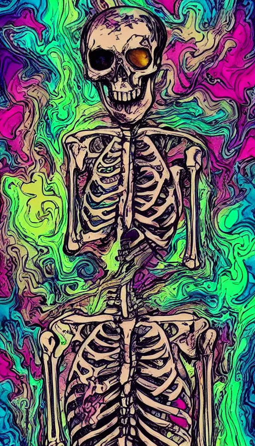 Image similar to skeleton vaping with psychedelic background