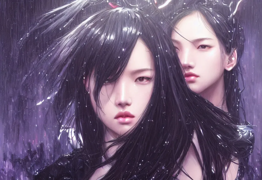 Image similar to portrait lisa blackpink + black hair of futuristic female police, black armored uniform, at futuristic colorpunk tokyo rainy night, ssci - fi and fantasy, intricate and very very very beautiful, highly detailed, digital painting, artstation, concept art, smooth and sharp focus, illustration, art by tian zi and wlop and alphonse mucha