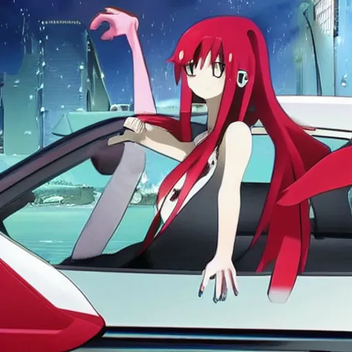 Image similar to zero two from darling in the franxx driving a dodge ram