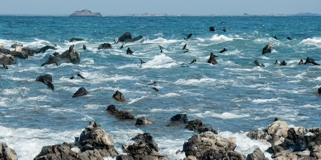 Image similar to hundred sharks seen from a rocky shore, waves