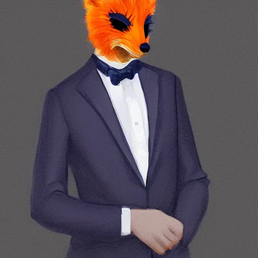 Prompt: “Young man wearing an orange-gala-fox-mask and darkblue suit, digital art”