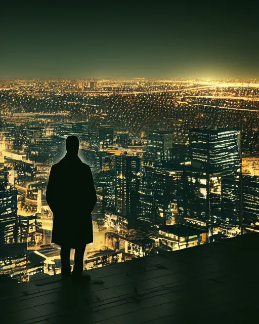 Image similar to a realistic rendered night rooftop scene, neon lights in the city below, close up shot of a photorealistic gangster wearing a trench coat looking at the city below, dark mood, octane render, unreal engine, raytracing