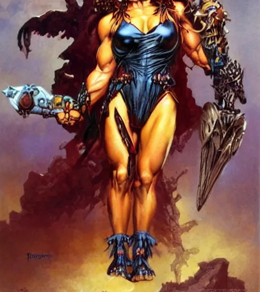 Image similar to portrait of strong female chaos angel, beautiful! coherent! by frank frazetta, by brom, strong line, deep color, spiked metal armor, maximalist