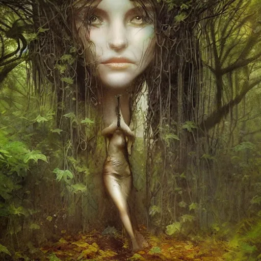 Prompt: portrait of a dryad, in a forest of fey autumn maples, her skin glistens with rainwater by greg rutkowski and brian froud dark mysterious, filtered evening light