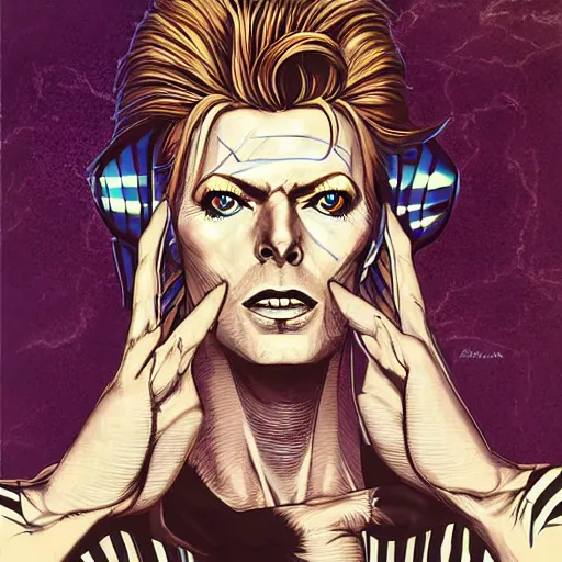 Image similar to handsome portrait of a david bowie posing, radiant light, caustics, war hero, style of vento aureo cover art, style of stone ocean cover art, style of steel ball run cover art, ilya kuvishinov style, illustrated by hirohhiko araki