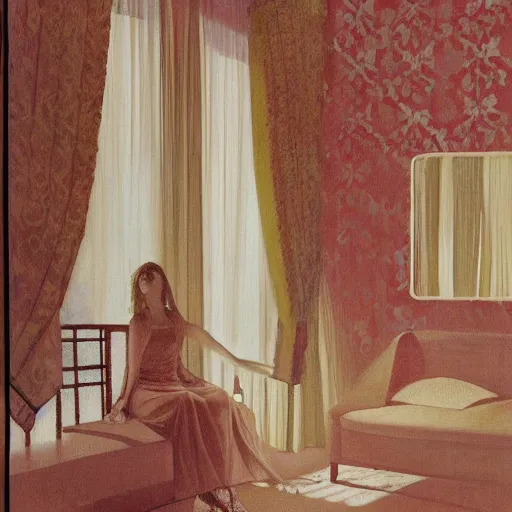 Prompt: a lonely girl in a liminal hotel room, baroque wallpaper, film still by david lynch, depicted by balthus, limited color palette, very intricate, art nouveau, highly detailed, lights by hopper, soft pastel colors, minimalist