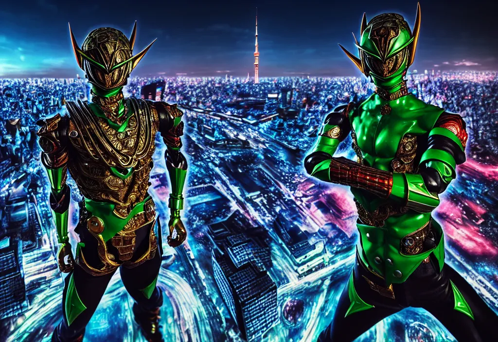 Prompt: huge belt, muscled kamen rider hero action pose, human structure, human anatomy, full body hero, intricate detail, hyperrealistic art and illustration by a. k. a limha lekan a. k. a maxx soul and alexandre ferra, global illumination, blurry and sharp focus, on future tokyo night rooftop, frostbite engine