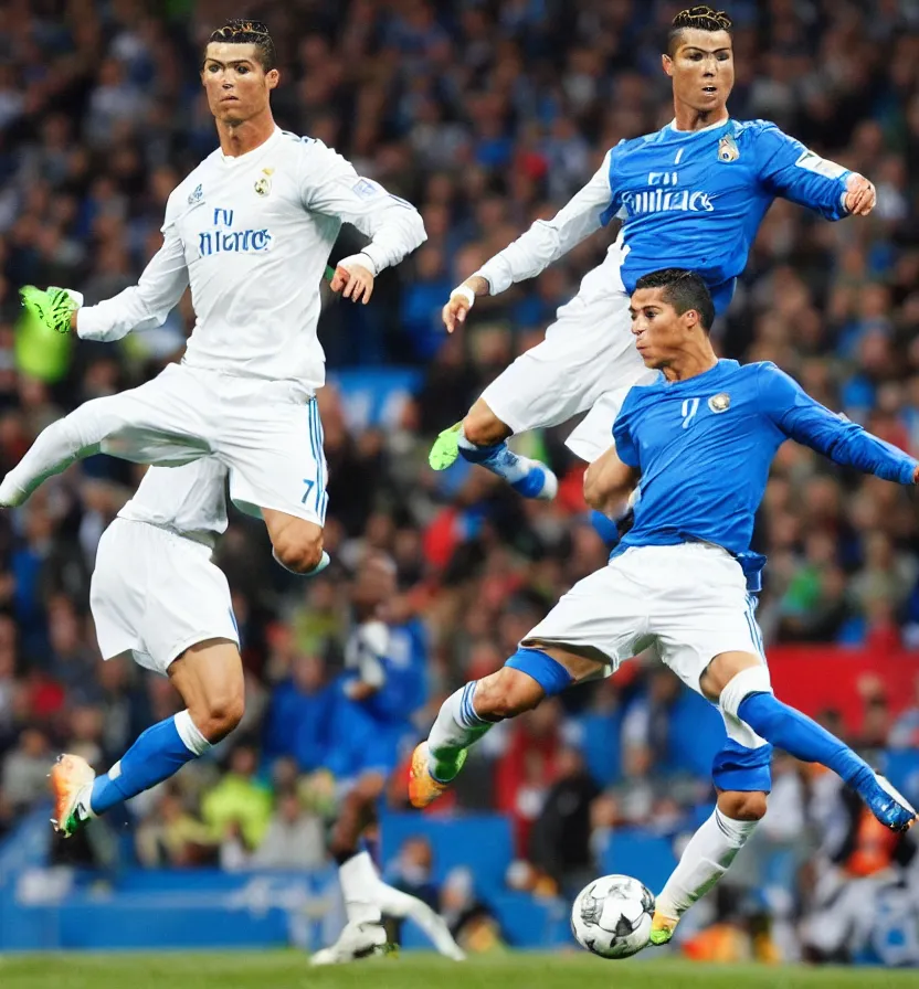 Prompt: cristiano Ronaldo tackling a blue meat ball in the style of siudmak, football, nike