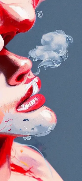 Prompt: extreme closeup of smoke from a young woman's mouth, closeup!!, thick swirling smoke everywhere, by conrad roset, brush strokes, trending on artstation
