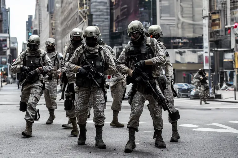 Image similar to Mercenary Special Forces soldiers in grey uniforms with black armored vest and helmets in urban warfare in New York 2022, Canon EOS R3, f/1.4, ISO 200, 1/160s, 8K, RAW, unedited, symmetrical balance, in-frame, combat photography