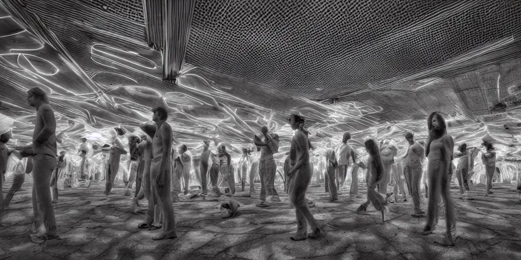 Image similar to love, groups of people in infrared heat, from behind, rebirth, wide angle, cinematic atmosphere, elaborate, highly detailed, infrared heat colors