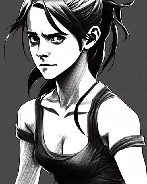 Prompt: a very detailed pencil drawing of emma watson in demon slayer manga panel, action lines, greg rutkowski, high resolution, dynamic pose, landscape, close up portrait, action, hyper realistic, manga, koyoharu gotouge, sakuga