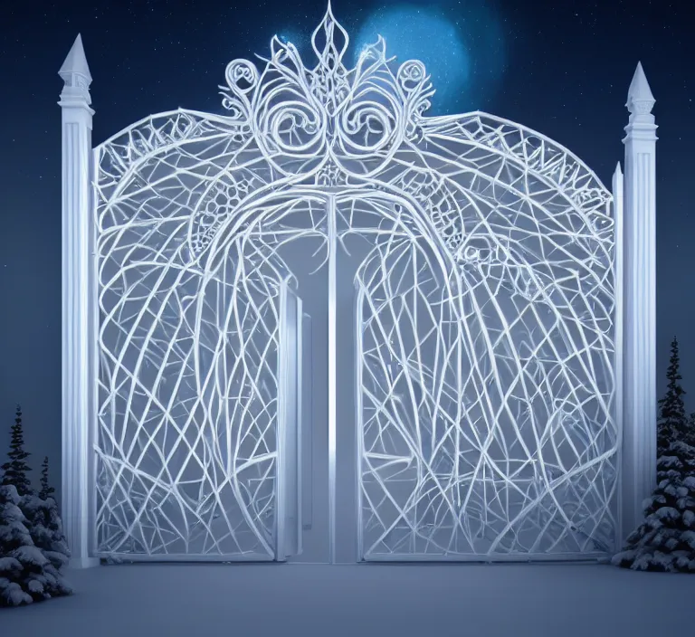 Image similar to a very detailed concept art of intricate and minimalistic white gates to aurora borealis, trending on artstation, symmetry, digital art, 4 k, hyper realistic, octane render, sharp focus