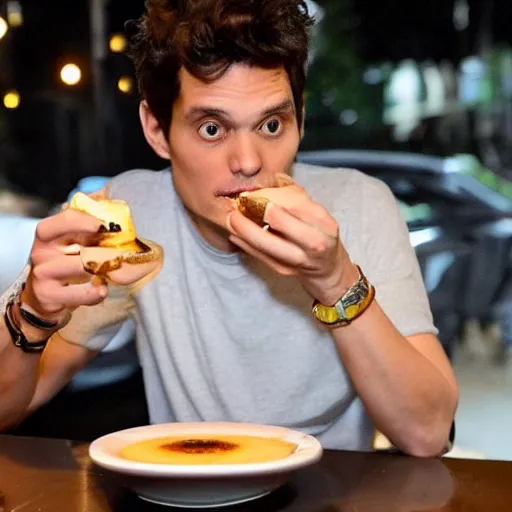 Image similar to john mayer eating a creme brulee with bananas