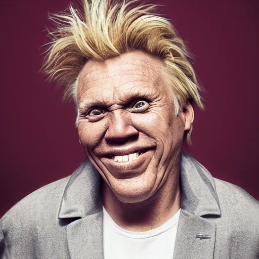 Prompt: centered detailed portrait of a caricature of Gary Busey smiling by Alina Ivanchenko,Alessio Albi and Shin JeongHo, shot on 70mm, hyper realism,