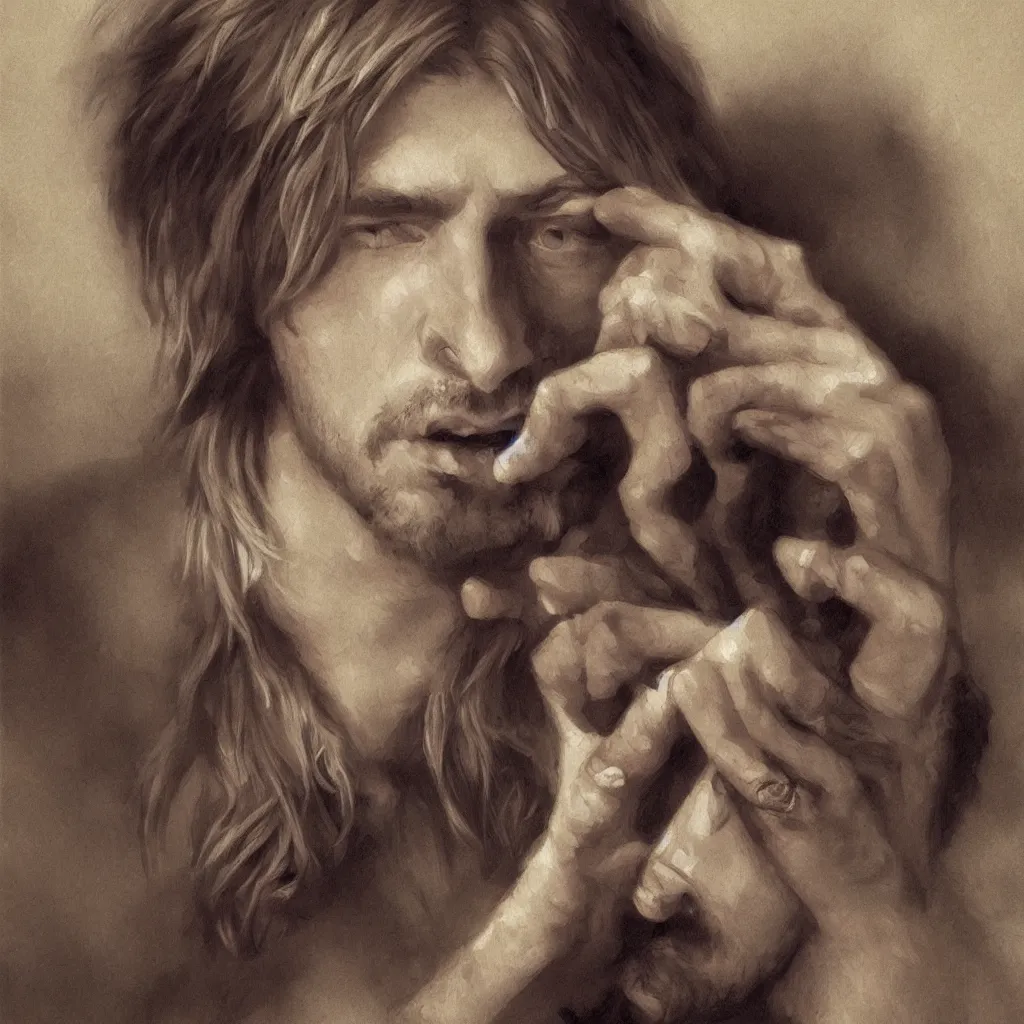 Prompt: Kurt Cobain, traditional corsican, intricate, highly detailed, artstation, illustration, jurgens, rutkowski, bouguereau