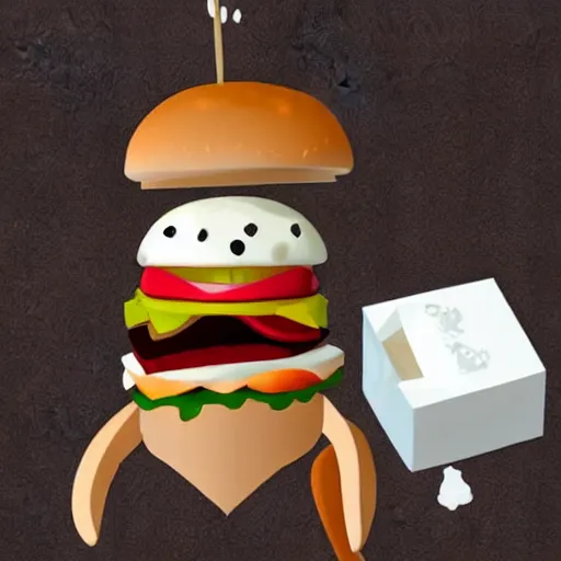 Prompt: a 3 d art of a white fur monster standing and eating a hamburger in a cool room