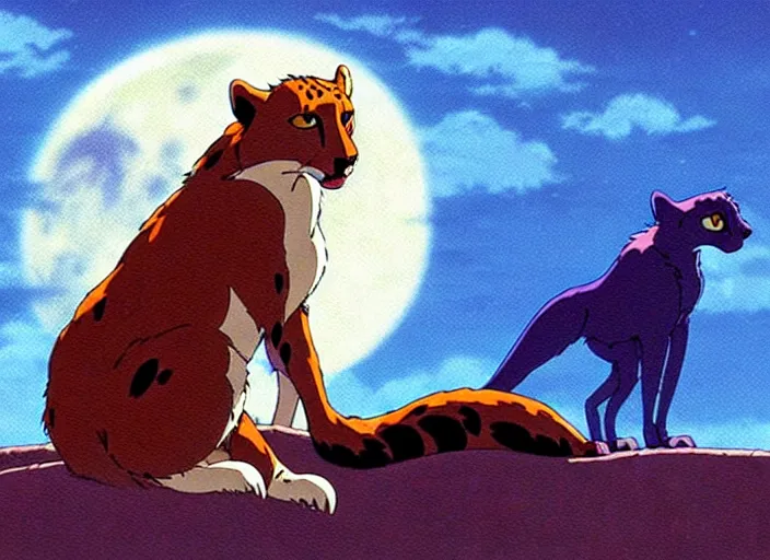 Image similar to a still from a studio ghibli movie of a cartoon cheetah from princess mononoke ( 1 9 9 7 ), in front of a pale full moon, full body, wide shot, very dull muted colors, studio ghibli, highly detailed, deviantart, art by artgem