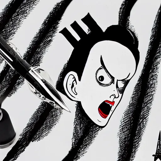 Prompt: a product photo of an ink pen knife by junji ito, inspired by klaus nomi