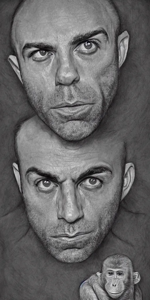 Image similar to Joe Rogan with some monkey features, single subject, portrait, intricate, highly detailed, concept art, smooth, sharp focus, pencil art