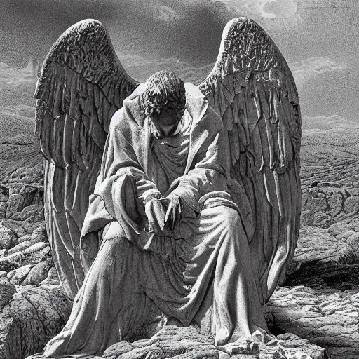 Image similar to weeping angel statues in the mohave desert, high detail, dramatic light, illustration by gustave dore