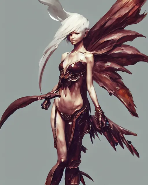 Image similar to concept art of a winged woman, final fantasy, highly detailed painting by dustin nguyen, akihiko yoshida, greg tocchini, 4 k, trending on artstation, 8 k