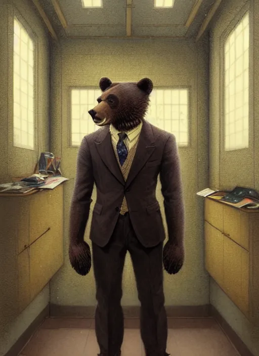 Prompt: full body photograph of a male anthropomorphic bear fursona wearing a nice suit in a school classroom, deep focus, intricate, elegant, highly detailed, digital painting, concept art, matte, sharp focus, illustration, d & d, fantasy, art by akihiko yoshida, peter mohrbacher, artgerm, greg rutkowski, alphonse mucha