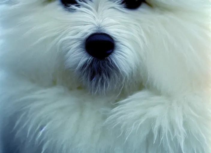 Image similar to realistic photo of a face of very beautiful girl white fluffy hairy fur face, symmetrical, skin is made of white fluffy hairs, eyes made of snowflakes, close up 1 9 9 0, life magazine reportage photo, natural colors