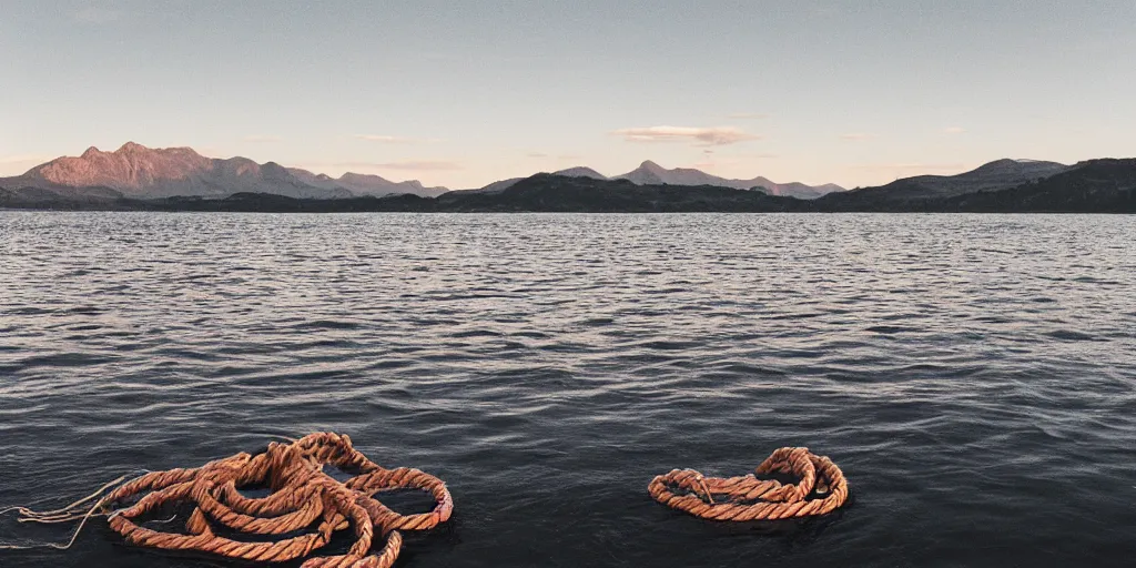 Image similar to a bundle of rope floating in the water in the middle of a lake, a rocky shore in the foreground, mountains in th ebackground, sunset, a bundle of rope is in the center of the lake, eerie vibe, leica, 2 4 mm lens, 3 5 mm kodak film, directed by charlie kaufman, f / 2 2, anamorphic