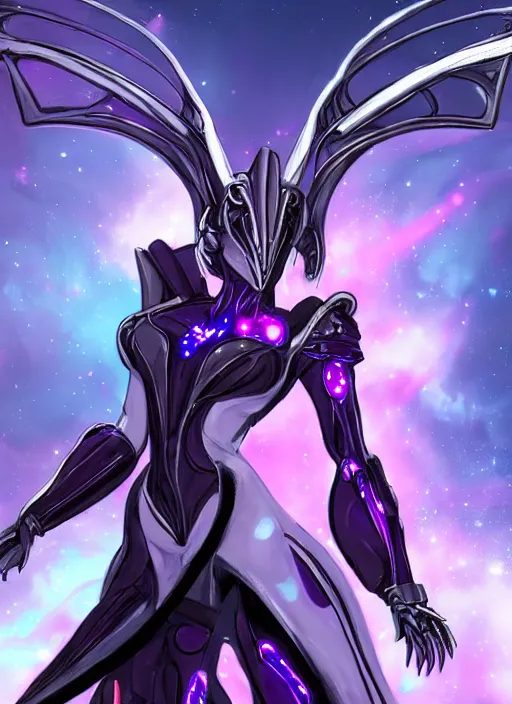 Image similar to cinematic close shot, galactic sized goddess, proportional stunning beautiful hot female warframe, sleek mecha female dragon head, metal ears, led purple eyes, smooth fuschia skin, smooth silver armor, floating in space, holding a galaxy, epic proportions, epic size, epic scale, furry art, dragon art, giantess art, warframe fanart, furaffinity, octane