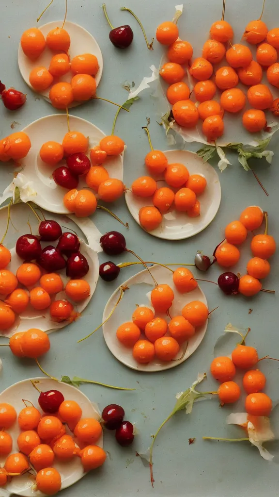 Image similar to 1 9 7 0 s food photography of carrot and cherries in the shape of a man