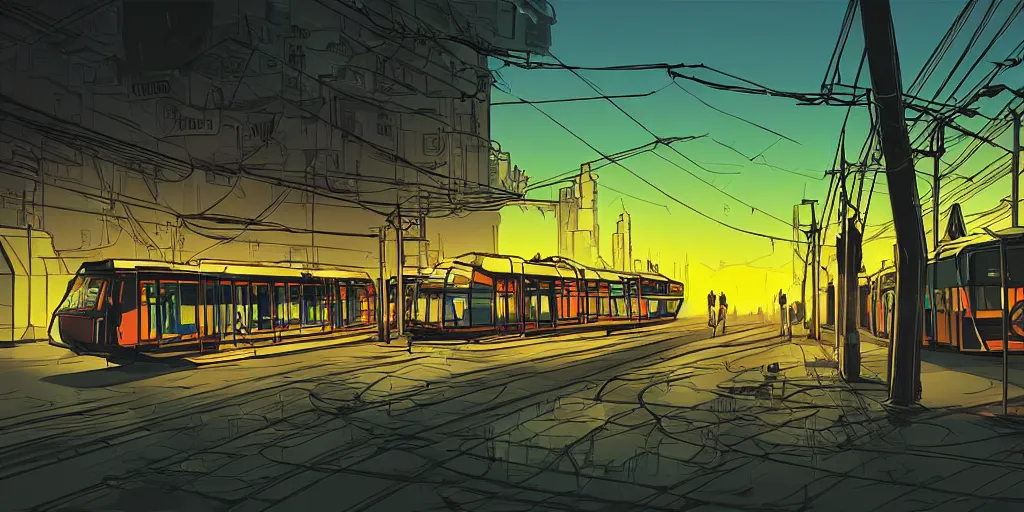 Prompt: post apocalyptic wasteland neon futuristic cyberpunk vaporwave glow sunset clouds sky streetcar tram subway tunnel illustration by syd mead