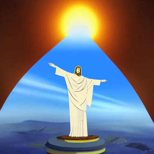 Image similar to Christ the Redeemer smiling, animation, anime, cartoon, concept art