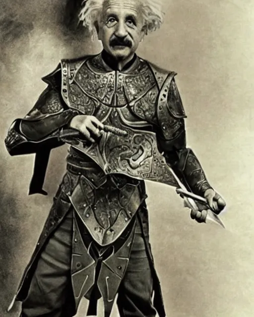 Image similar to albert einstein wearing daedric armor wielding a daedric battleaxe d & d detailed photo photorealistic