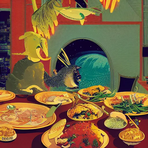 Image similar to illustration of the best meal, by Victo Ngai and James Gilleard and Bruce Pennington