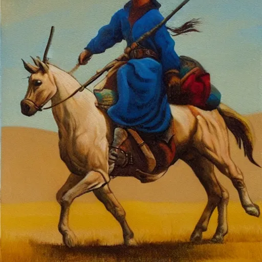 Image similar to a painting of a cowboy riding a unicorn in the style of n. c. wyeth.