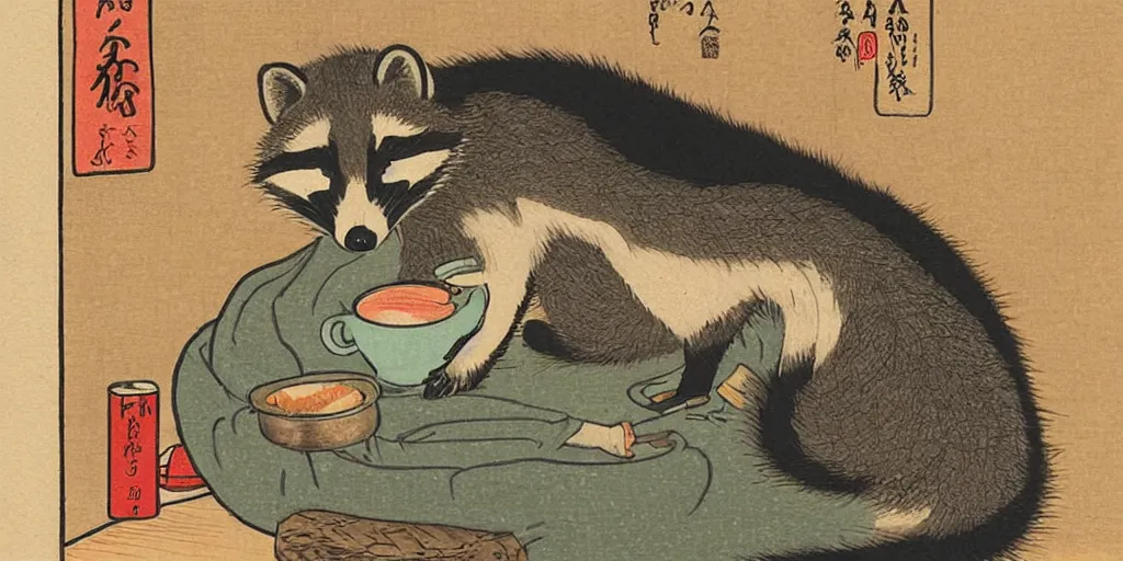 Image similar to little raccoon sitting by a cozy fireplace with a cup of tea. warm color temperature. ukiyo - e,