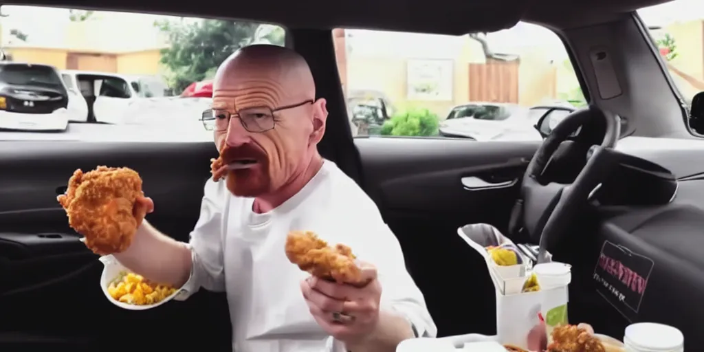 Image similar to walter white mukbang inside car, youtube video screencap, eating fried chicken, greasy face stuffed with chicken, double chin, real, fat, detailed, 4k