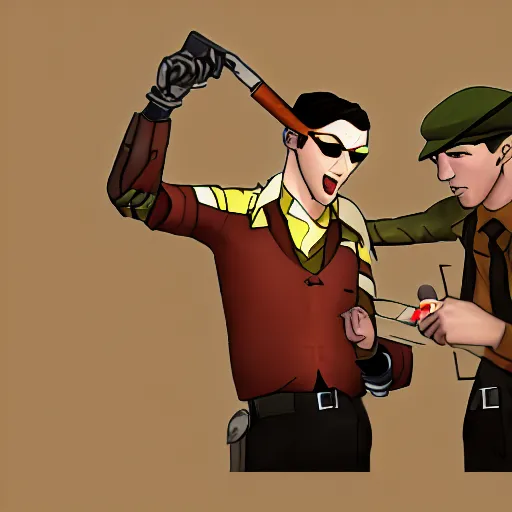 Prompt: tf2 Scout and Spy having an argument at dinner, digital art,