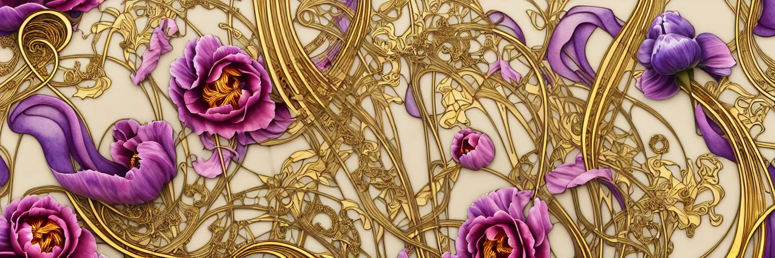 Prompt: the source of future growth dramatic, elaborate emotive Art Nouveau styles to emphasise beauty as a transcendental, seamless pattern, symmetrical, large motifs, hyper realistic, 8k image, 3D, supersharp,Art nouveau 3D curves and swirls, Glass and Gold pipes, long wavy hair, vibrant watercolor tulip and peony flowers satin ribbons pearls and gold chains, iridescent and black and shiny rainbow colors , perfect symmetry, iridescent, High Definition, Octane render in Maya and Houdini, light, shadows, reflections, photorealistic, masterpiece, smooth gradients, no blur, sharp focus, photorealistic, insanely detailed and intricate, cinematic lighting, Octane render, epic scene, 8K