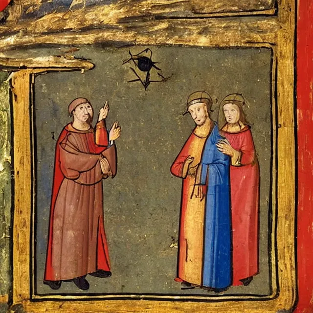 Prompt: a medieval painting of a priest seeing a ufo alien spaceship in the sky outside