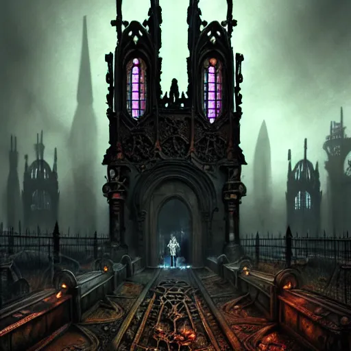 Image similar to steam necropolis, memento mori, gothic, neo - gothic, art nouveau, hyperdetailed copper patina medieval icon, stefan morrell, philippe druillet, ralph mcquarrie, concept art, steampunk, unreal engine, detailed intricate environment, octane render, moody atmospherics, volumetric lighting, ultrasharp, ominous, otherworldly