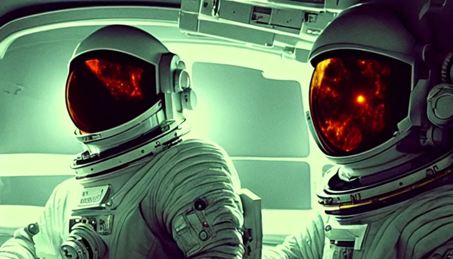 Image similar to movie still of a transcendental astronaut being, cinematic composition, cinematic light, anamorphic lens