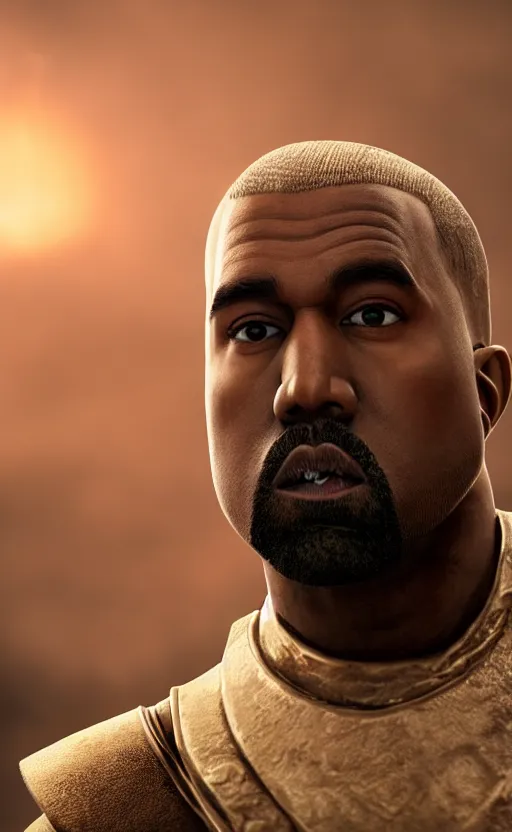 Image similar to Portrait of Kanye West as Emperor Napoleon in Skyrim, splash art, movie still, cinematic lighting, dramatic, octane render, long lens, shallow depth of field, bokeh, anamorphic lens flare, 8k, hyper detailed, 35mm film grain