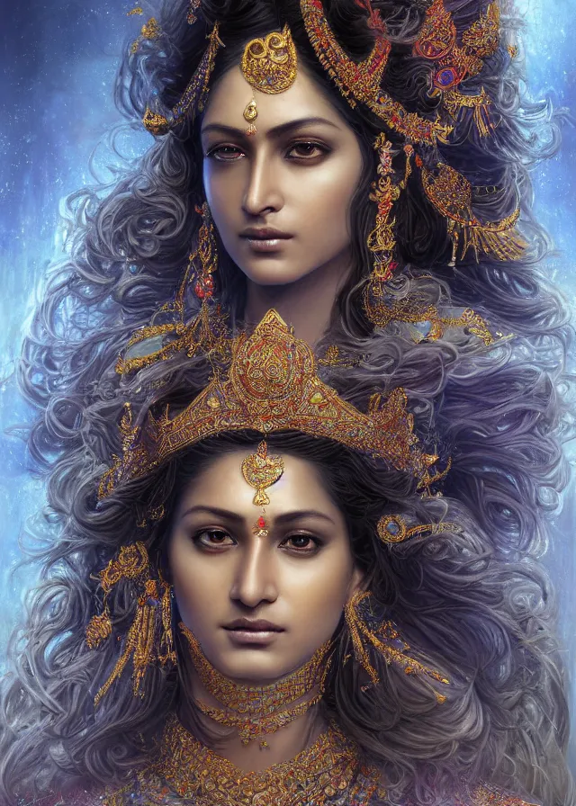 Prompt: Portrait painting of a beautiful indian princess, stunning 3d render inspired art by P. Craig Russell and Barry Windsor-Smith + perfect facial symmetry + dim volumetric lighting, vibrant dark wavy hair, ornate flowing silvered robes, dizzy, full body, 8k octane beautifully detailed render, post-processing, extremely hyperdetailed, intricate, epic composition, grim yet sparkling atmosphere, cinematic lighting + masterpiece, trending on artstation, very very detailed