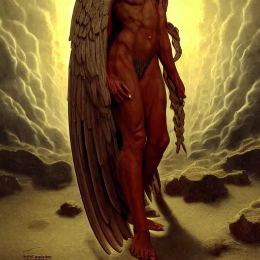 Prompt: muscular Angel standing in the front of gates of hell . angel is draped with bones. Digital painting. Art station. Mood lighting. Skindness, highly detailed, concept art, intricate, sharp focus, einar jonsson and bouguereau - h 1200