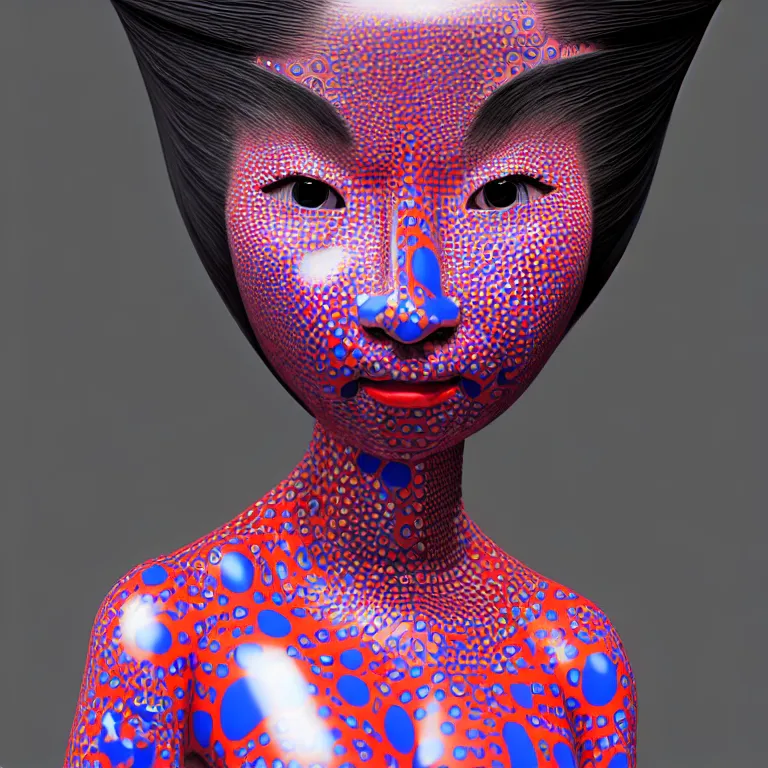 Image similar to hyperrealistic detailed image of a geisha in a art installation room, hd smooth interior by yayoi kusama, part by kei mieno, part by ross tran, dark art by james jean, ultra realistic, highly detailed, life like face, detailed body, 8 k, 3 d render by roger magrini, masterpiece