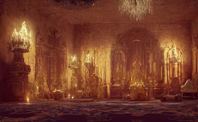 Prompt: a gaudy throne room interior in a stone castle, painting by Craig Mullins, octane rendering, dark candle lighting, wide angle lens, low view, in the style of Pixar animation, trending on artstation,